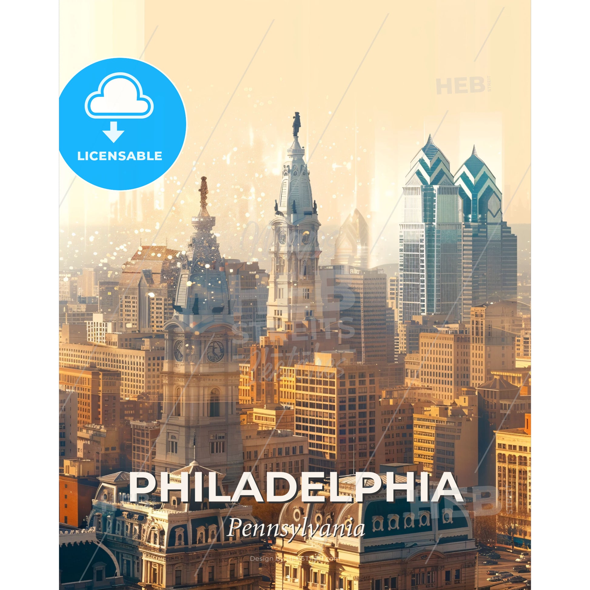 Philadelphia Skyline Double Exposure Poster Art - A city with tall buildings - Square format print template