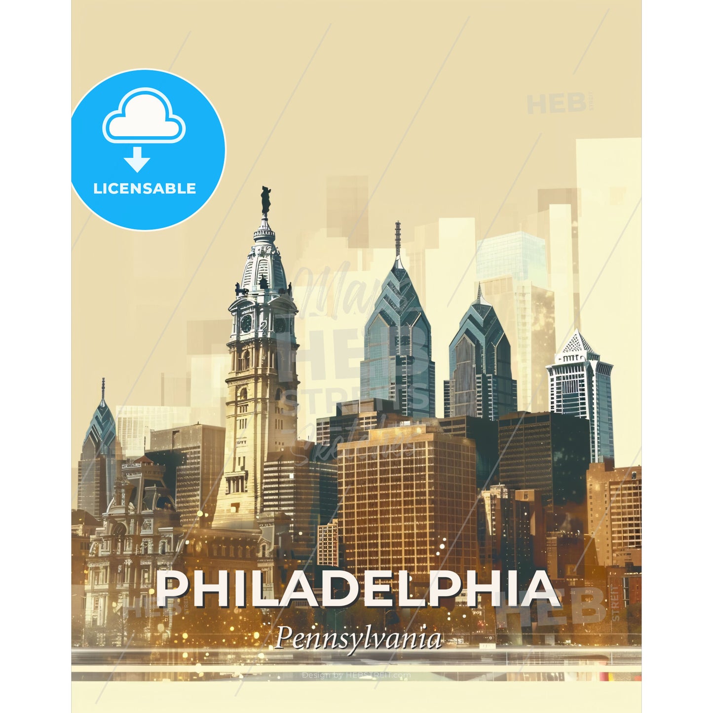 Philadelphia Skyline Art: Cityscape & Architecture Composite - A city skyline with tall buildings - Square format print template