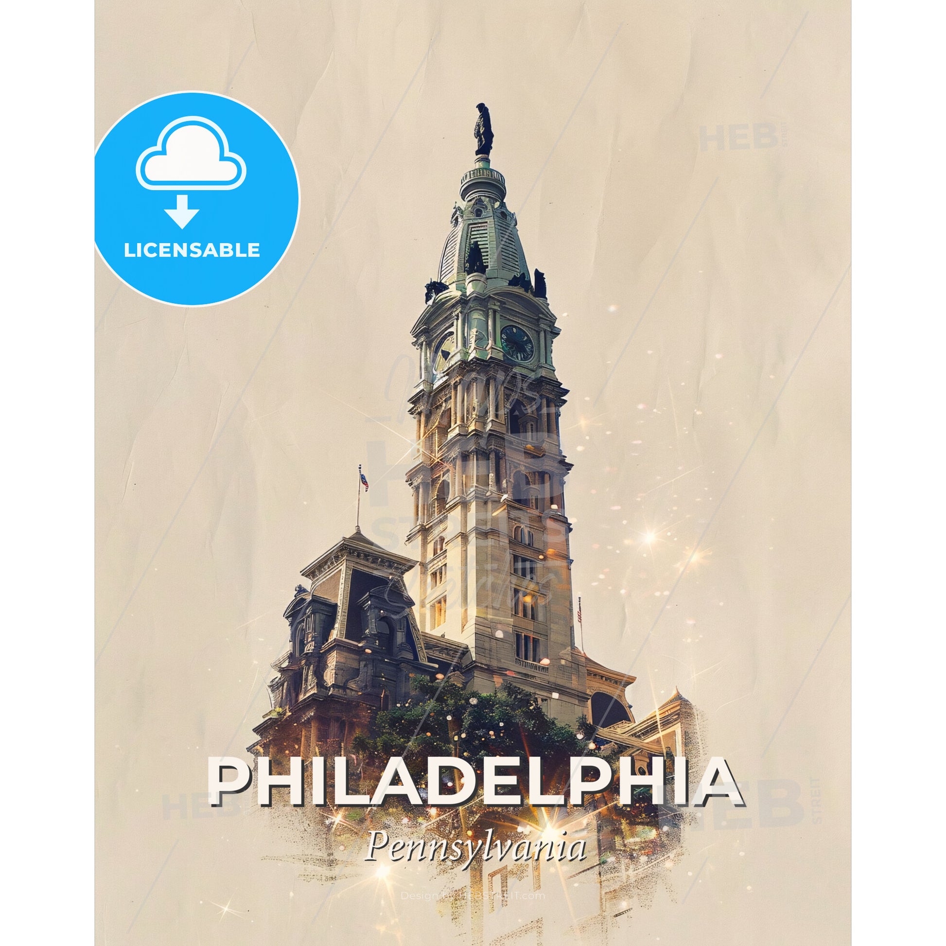 Philadelphia Skyline Double Exposure Art Poster - A tall building with a tower - Square format print template