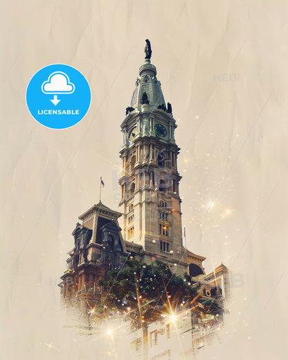 Philadelphia Skyline Double Exposure Art Poster - A tall building with a tower