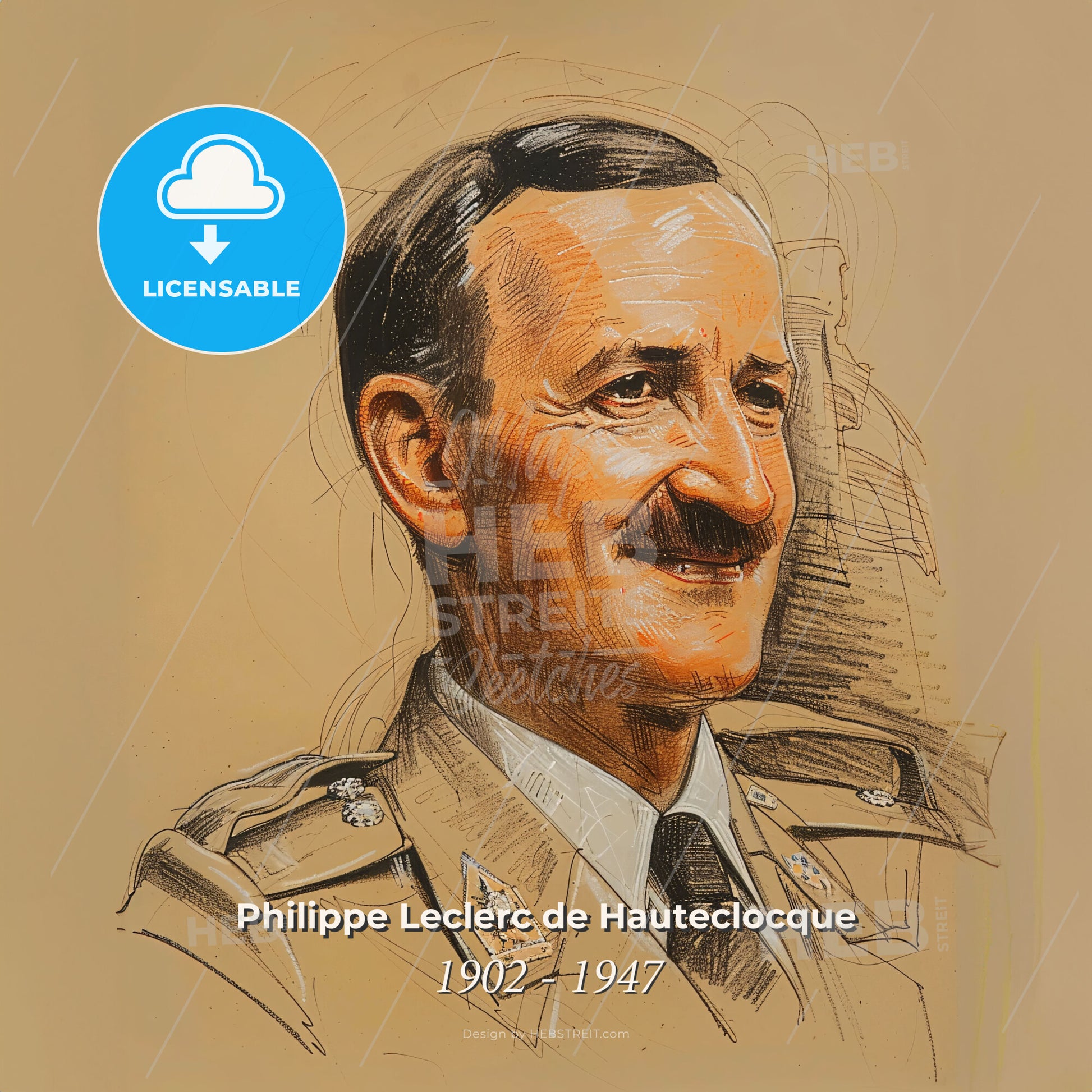 Philippe Leclerc de Hauteclocque, 1902 - 1947, French General - A Drawing Of A Man In A Military Uniform Print Template