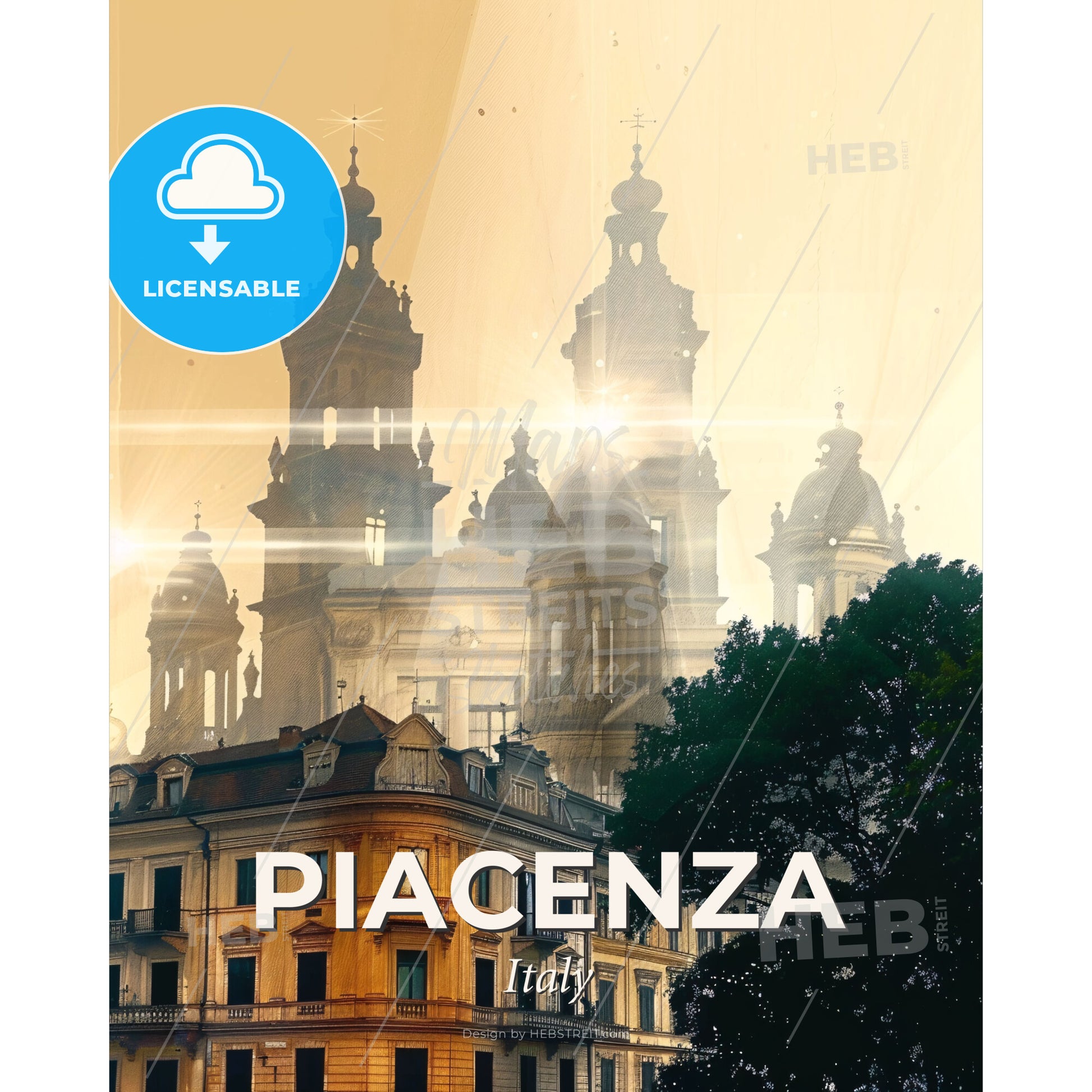 Piacenza Skyline Double Exposure Art Poster - A building with towers and trees - Square format print template