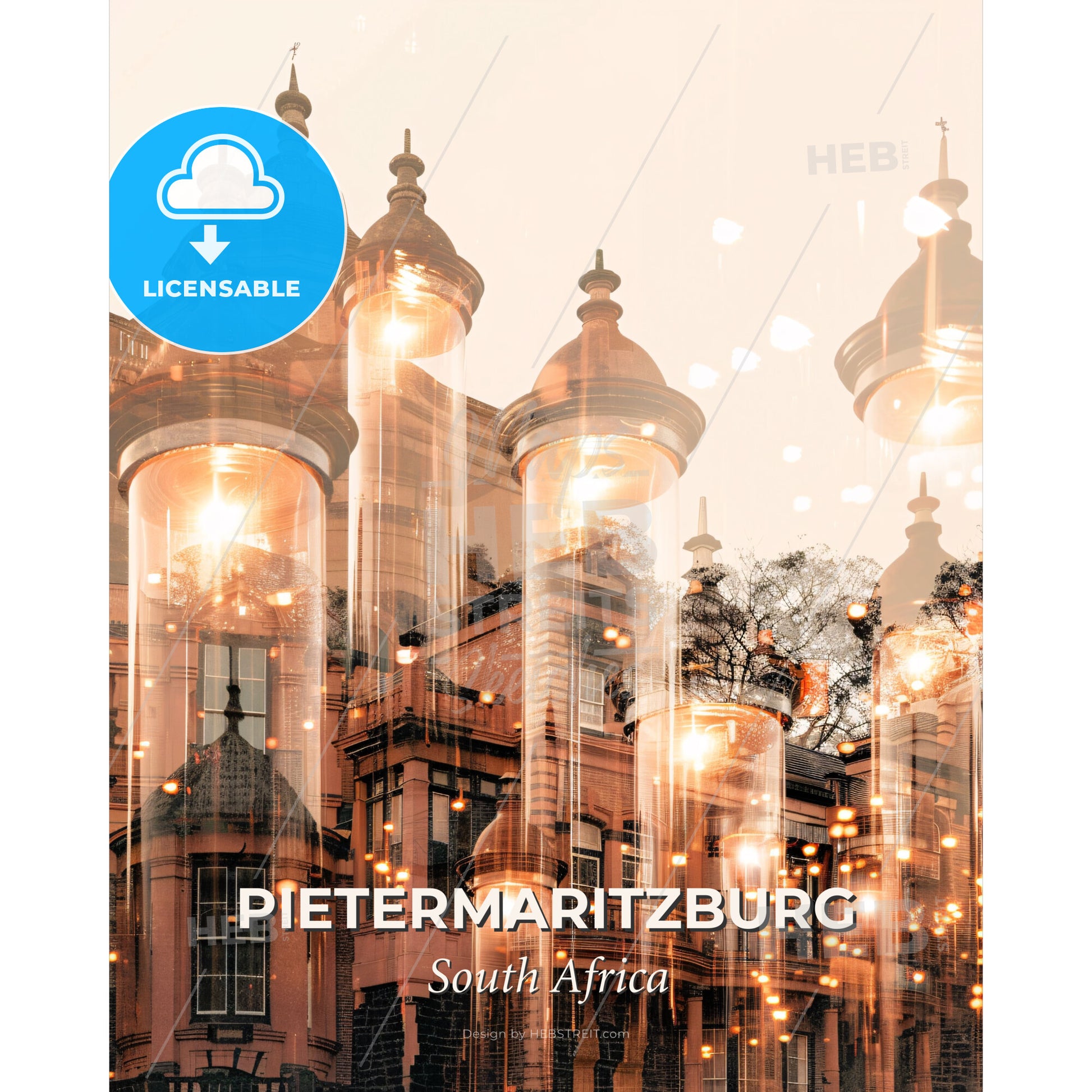 Pietermaritzburg Skyline Wonder Art on Beige - A reflection of a building with lights - Square format print template