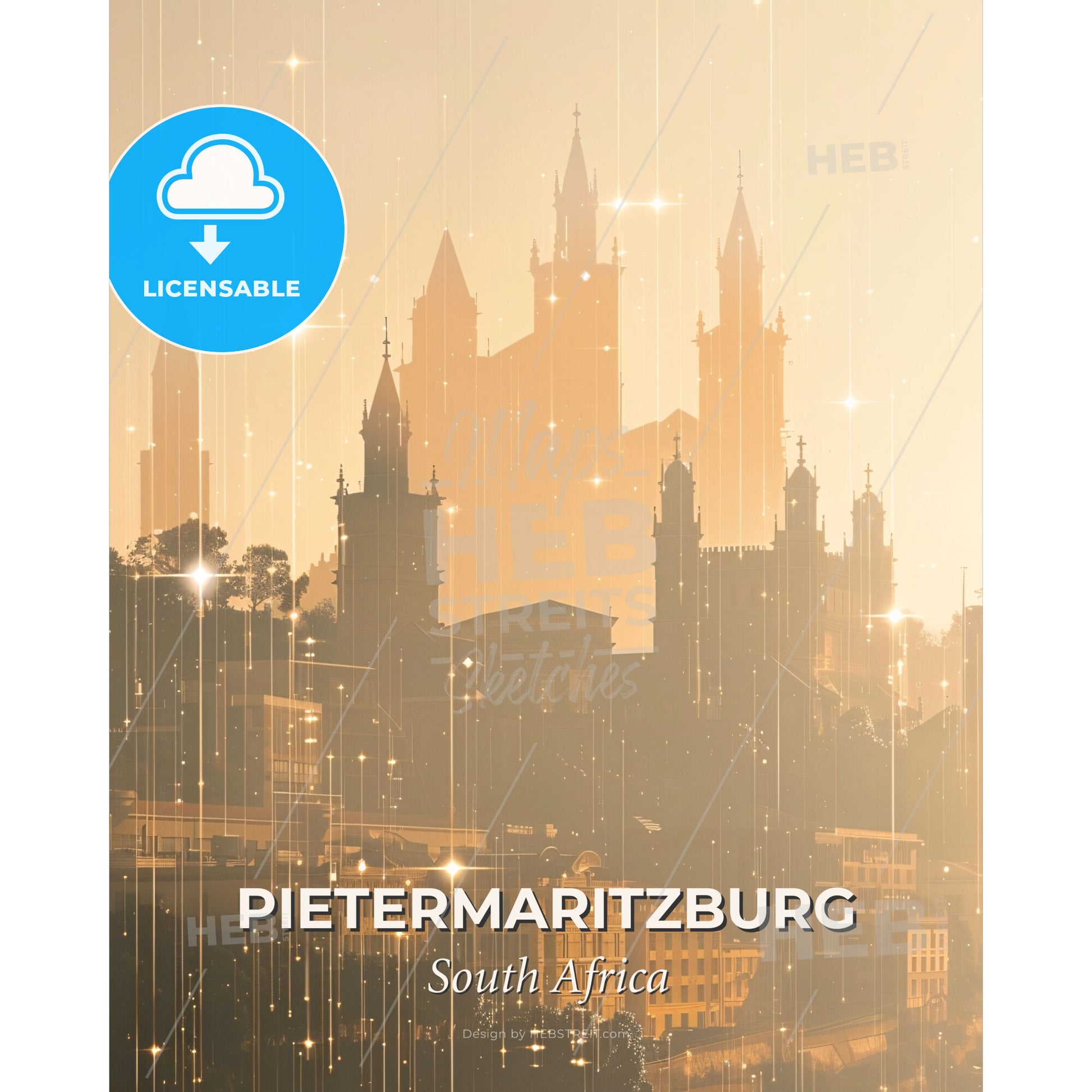 Pietermaritzburg Architecture Skyline Art Poster - A city with towers and stars - Square format print template