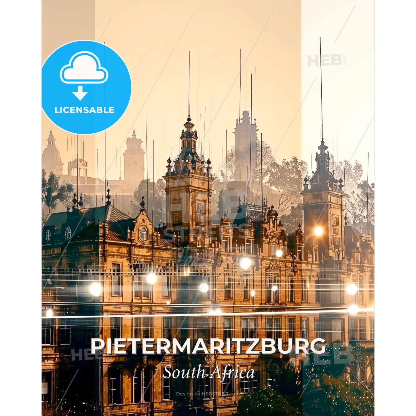 Pietermaritzburg City Skyline Artwork Bright - A building with many towers and lights - Square format print template