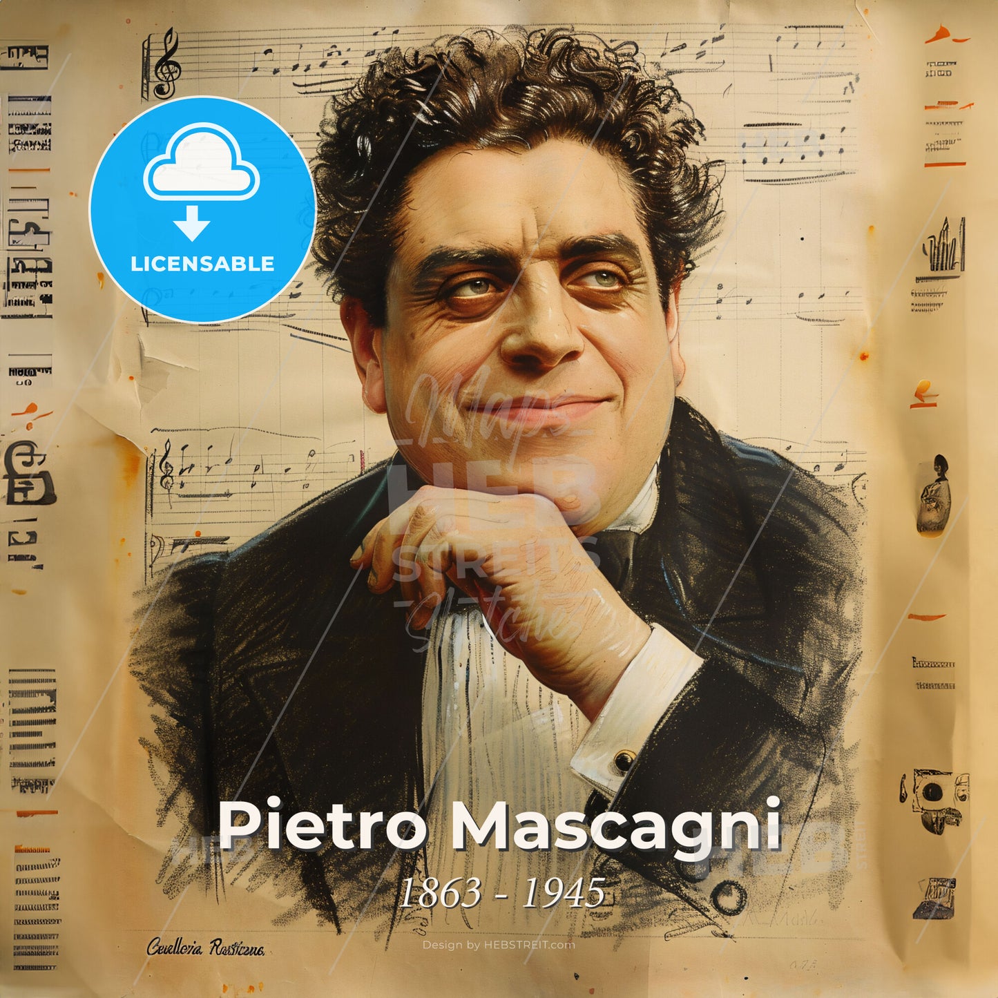 Pietro Mascagni, 1863 - 1945, Italian composer - A Man With His Hand On His Chin Print Template