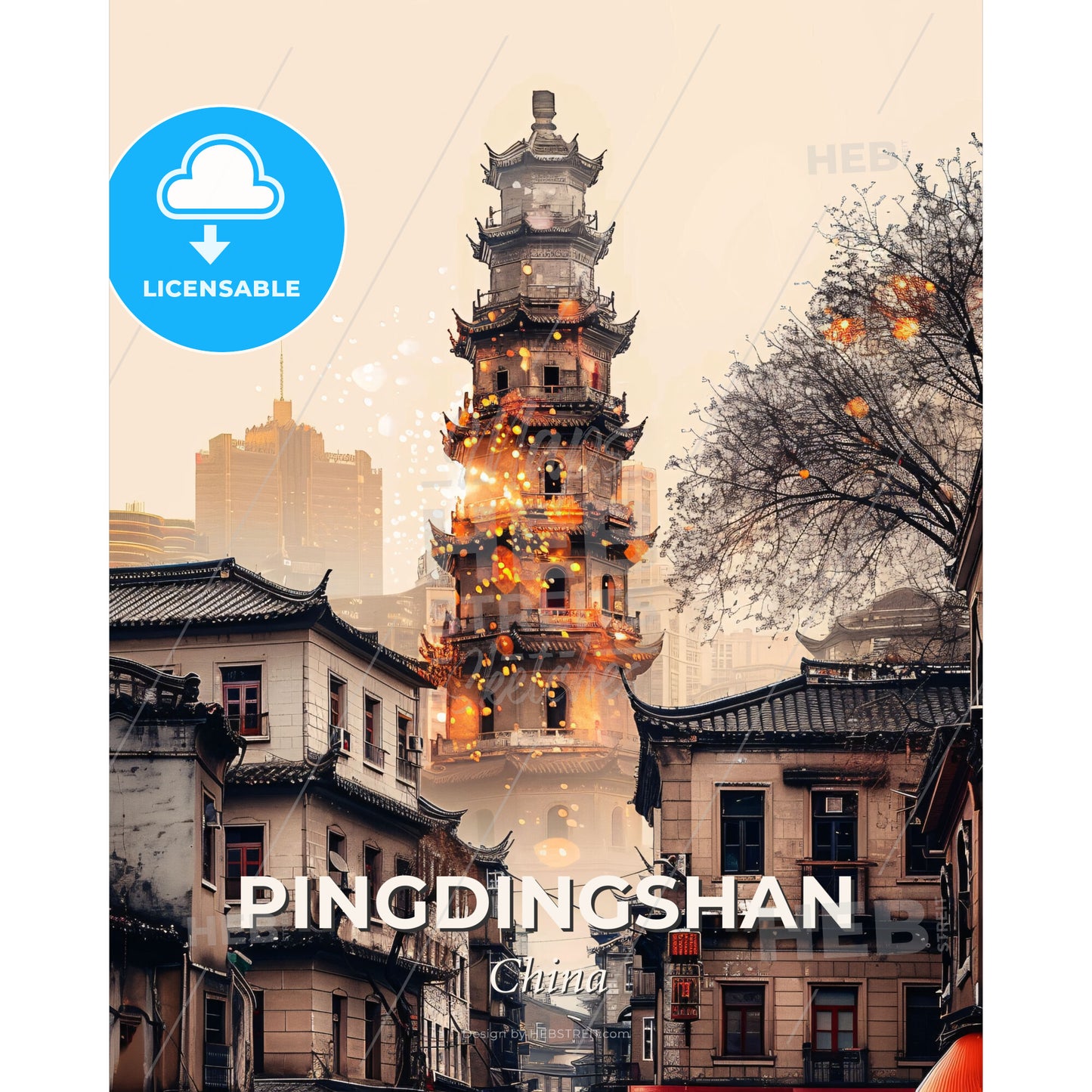 Pingdingshan Skyline Composite Art City Poster - A tall tower with many lights on it - Square format print template