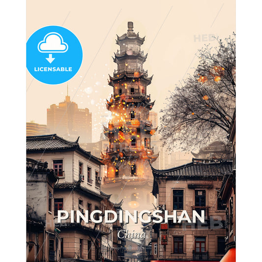 Pingdingshan Skyline Composite Art City Poster - A tall tower with many lights on it - Square format print template