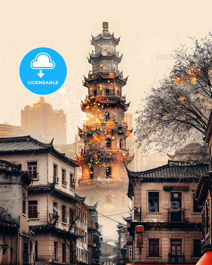 Pingdingshan Skyline Composite Art City Poster - A tall tower with many lights on it