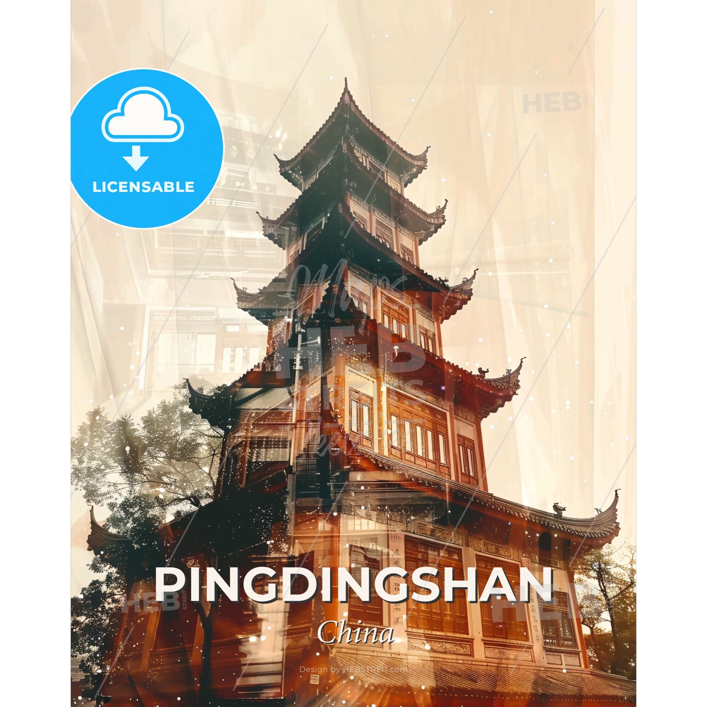 Pingdingshan Skyline Double Exposure Art - A building with a tall tower - Square format print template