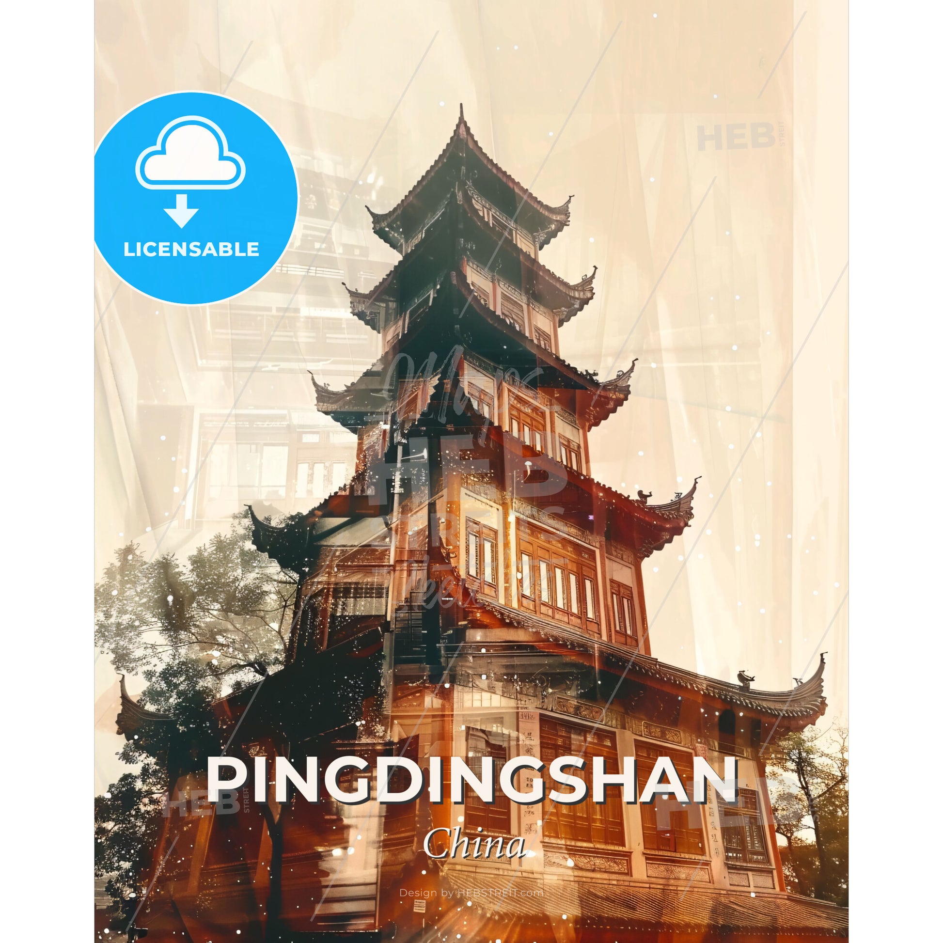 Pingdingshan Skyline Double Exposure Art - A building with a tall tower - Square format print template