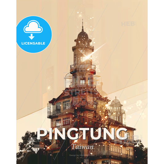 Pingtung Taiwan Skyline Art Bright Beige - A building with a tower - Square format print template