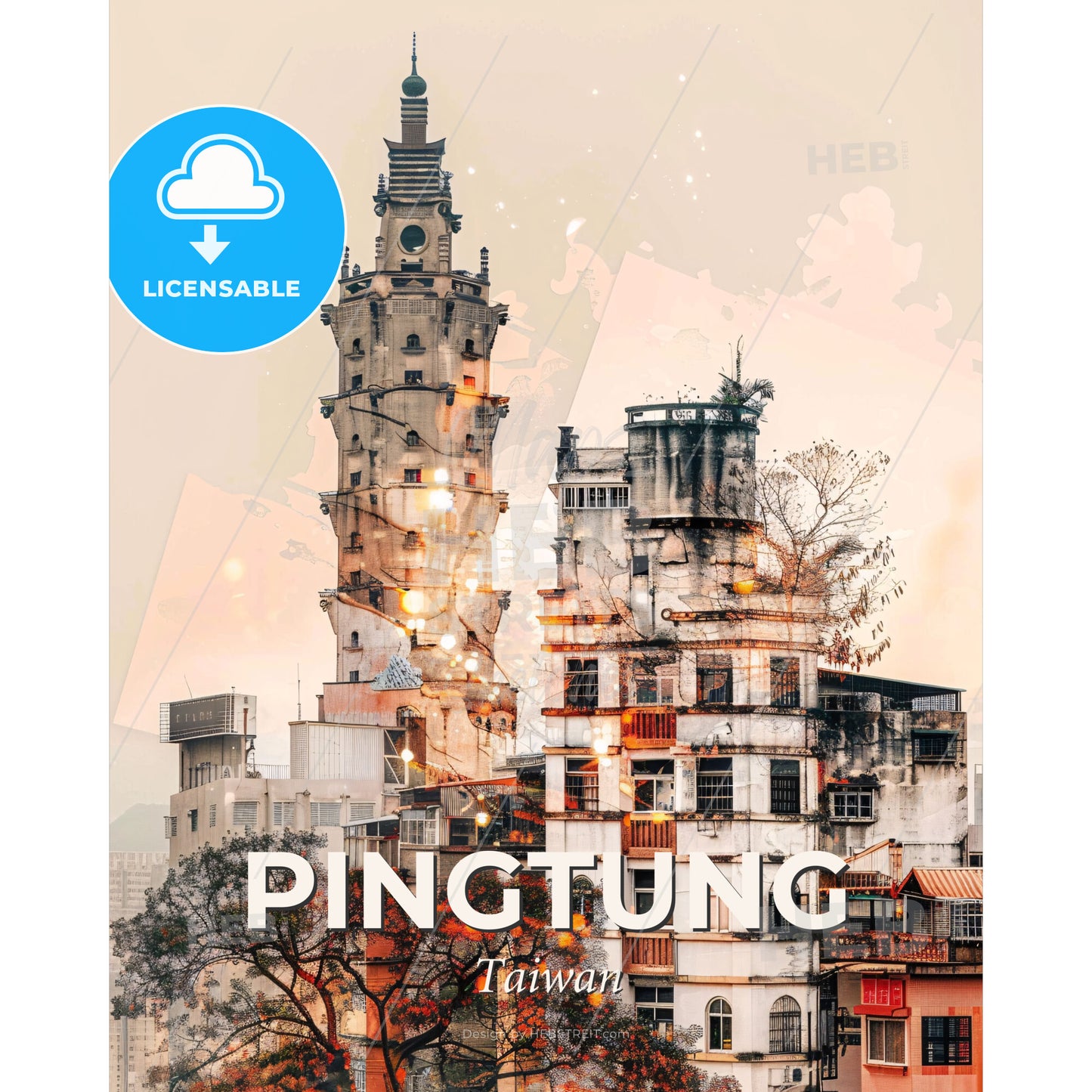 Pingtung, Taiwan: Skyline Impressionistic Poster Art - A group of buildings with a tower - Square format print template