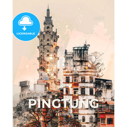 Pingtung, Taiwan: Skyline Impressionistic Poster Art - A group of buildings with a tower - Square format print template