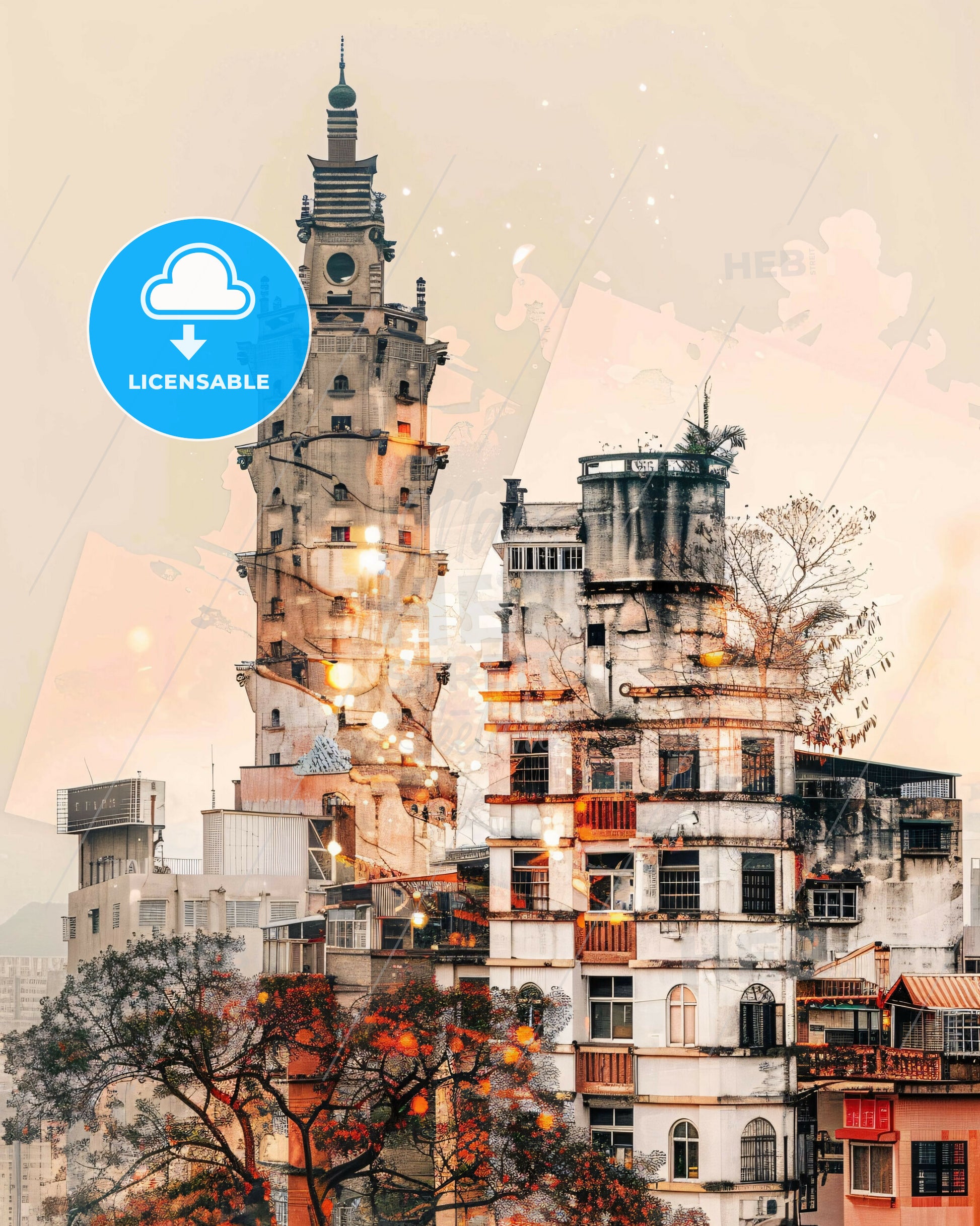 Pingtung, Taiwan: Skyline Impressionistic Poster Art - A group of buildings with a tower