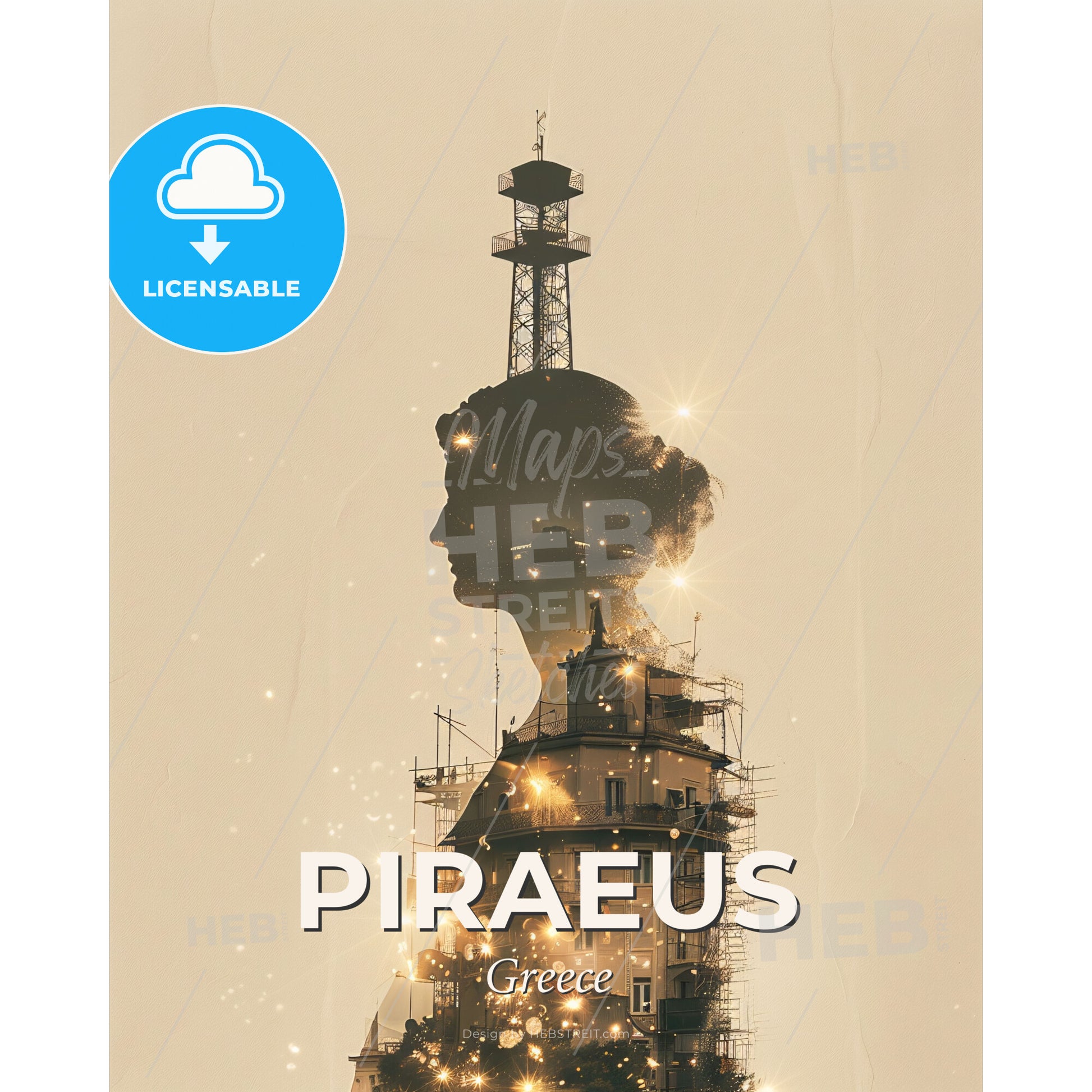 Piraeus Skyline Silhouettes with Sparkles - A building with a tower and a head - Square format print template