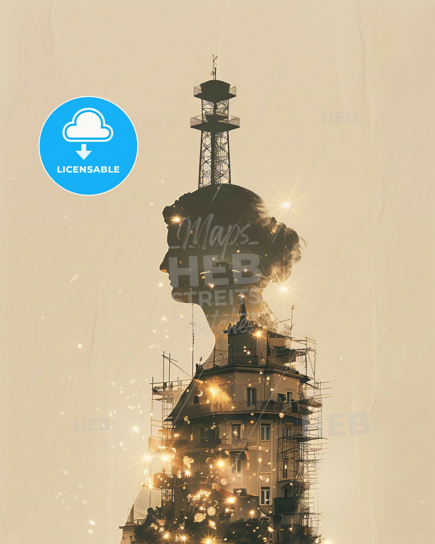 Piraeus Skyline Silhouettes with Sparkles - A building with a tower and a head