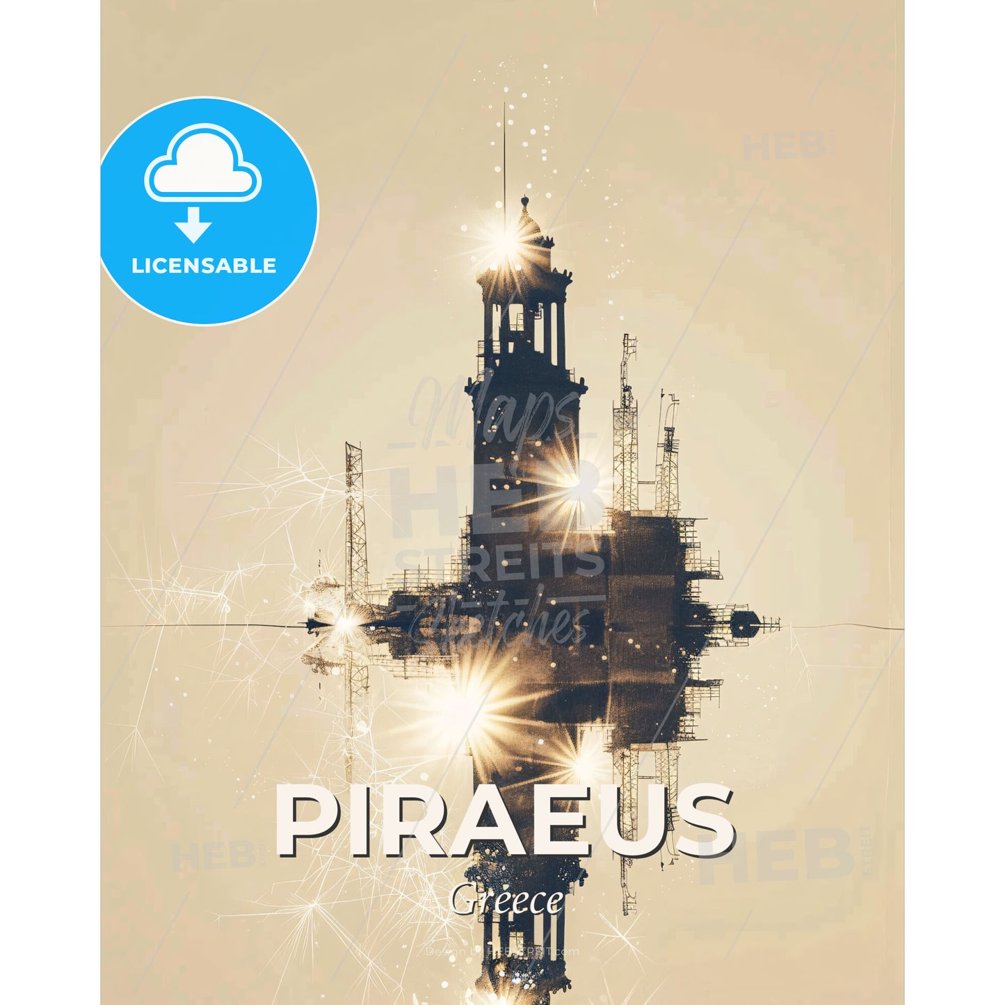 Piraeus Cityscape Silhouette Sparkle Print - A building with a tower and lights - Square format print template