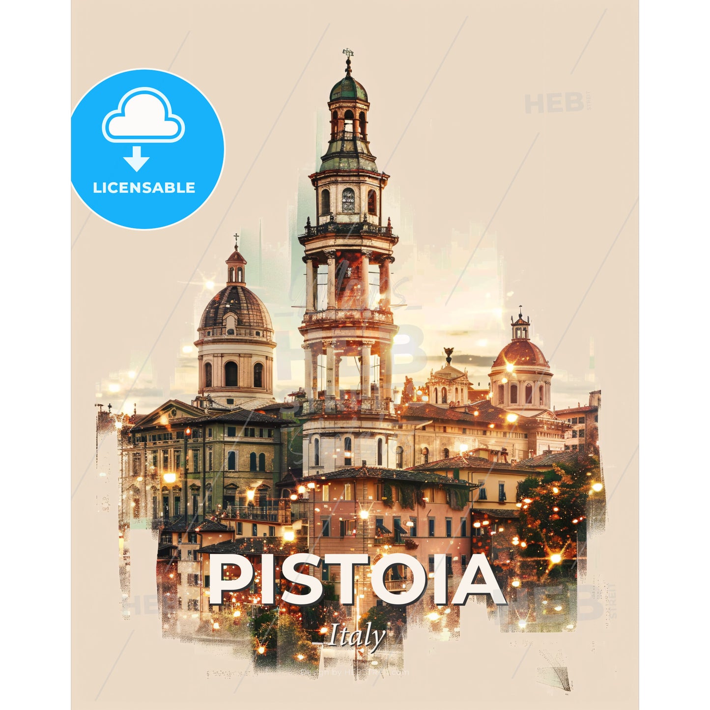 Pistoia, Italy, double exposure composite art skyline - A building with a tower - Square format print template