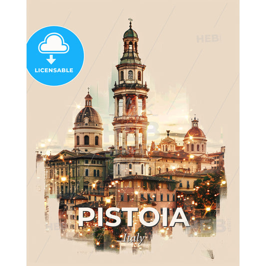 Pistoia, Italy, double exposure composite art skyline - A building with a tower - Square format print template