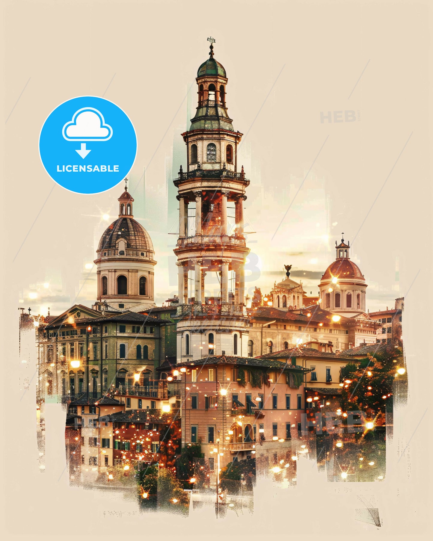 Pistoia, Italy, double exposure composite art skyline - A building with a tower