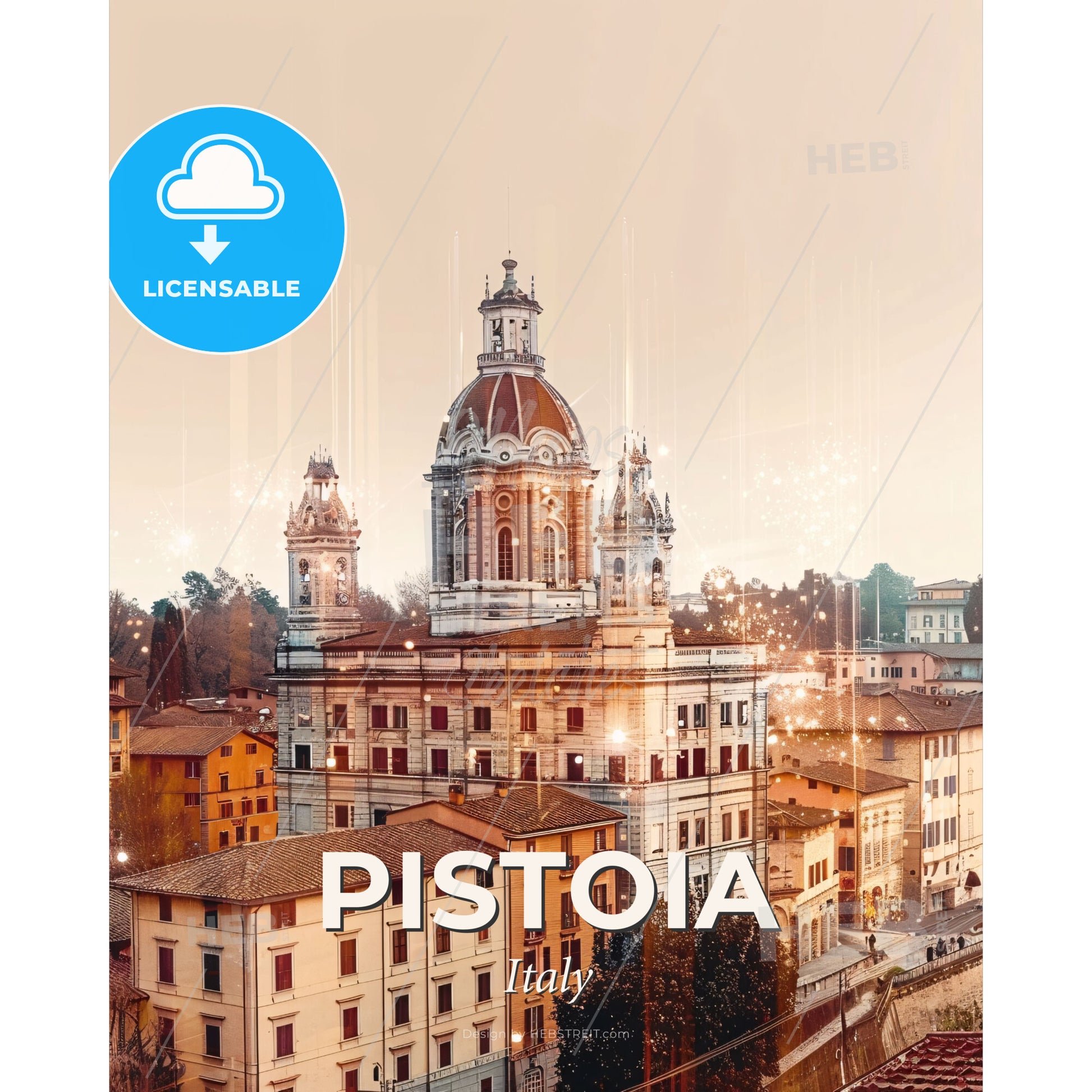 Pistoia City Double Exposure Skyline Art Poster - A large building with a dome and a tower - Square format print template
