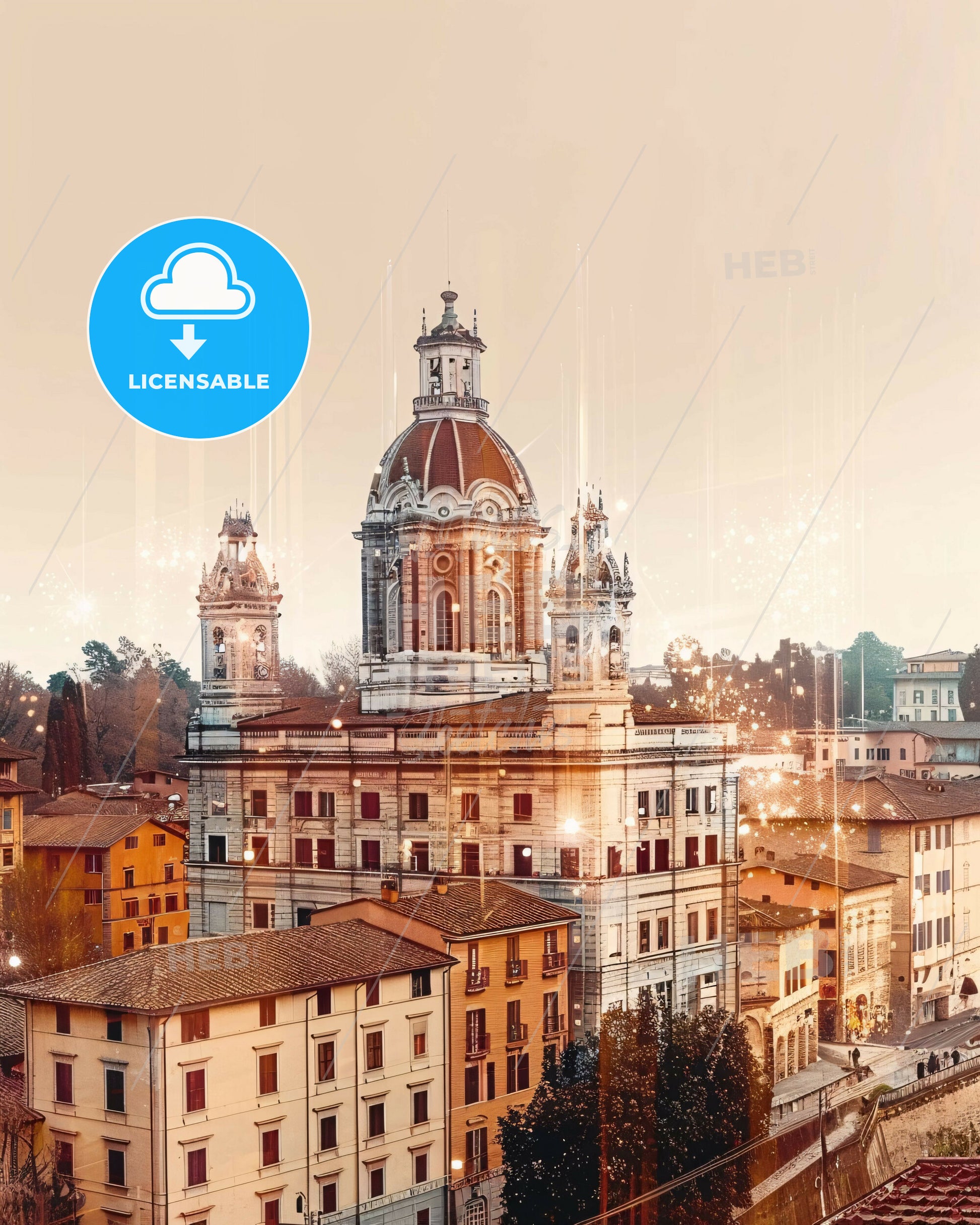 Pistoia City Double Exposure Skyline Art Poster - A large building with a dome and a tower