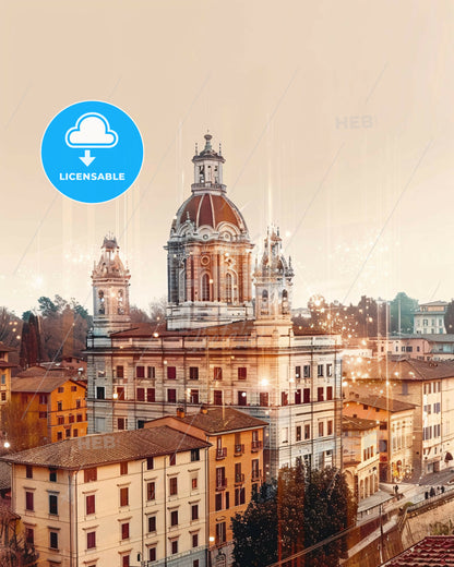 Pistoia City Double Exposure Skyline Art Poster - A large building with a dome and a tower