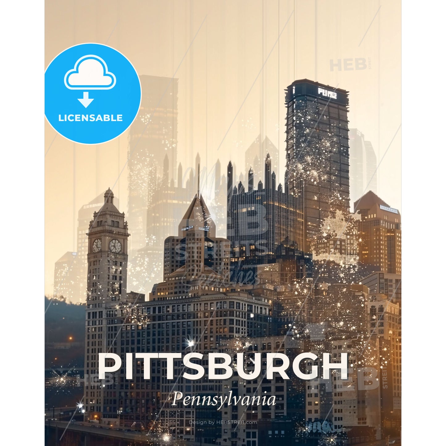 Pittsburgh Skyline Beauty: Iconic Beige Wonder - A city skyline with many tall buildings - Square format print template