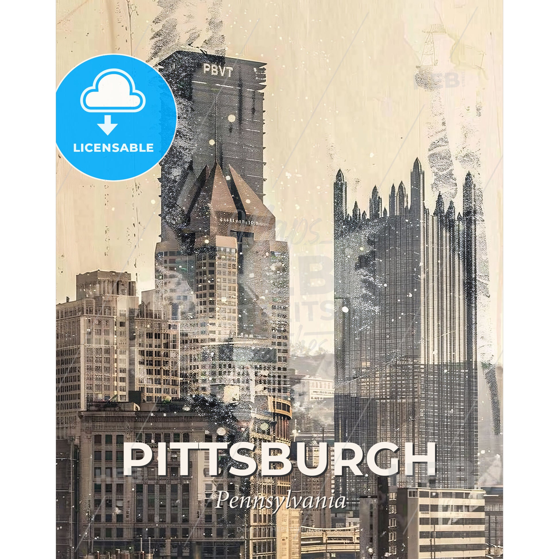 Pittsburgh: City Skyline Double Exposure Art Print - A city skyline with tall buildings - Square format print template