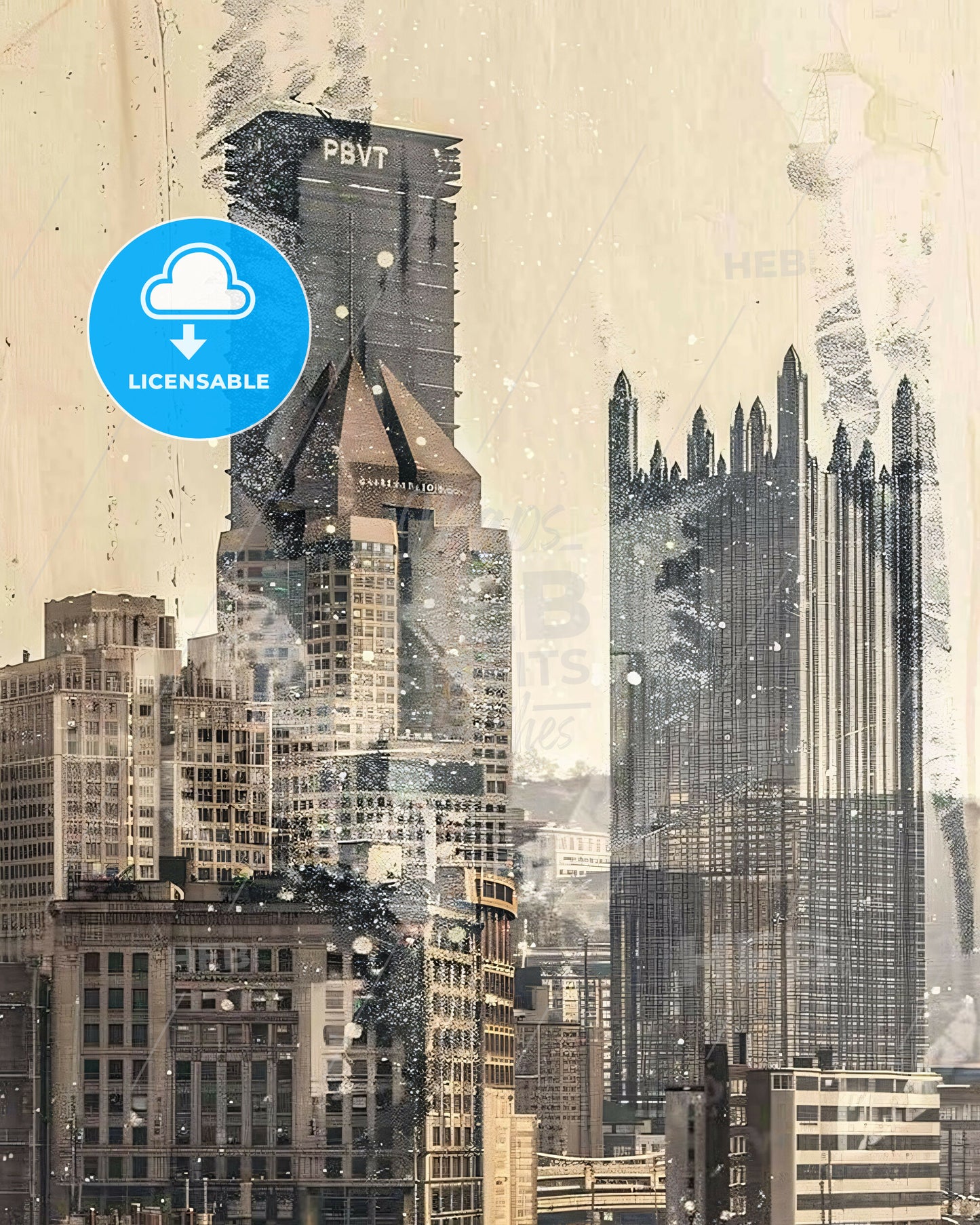 Pittsburgh: City Skyline Double Exposure Art Print - A city skyline with tall buildings