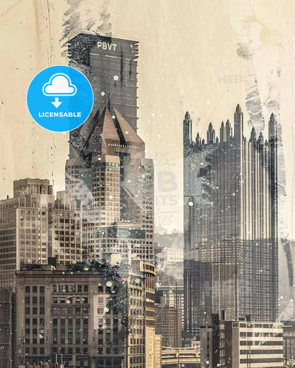 Pittsburgh: City Skyline Double Exposure Art Print - A city skyline with tall buildings