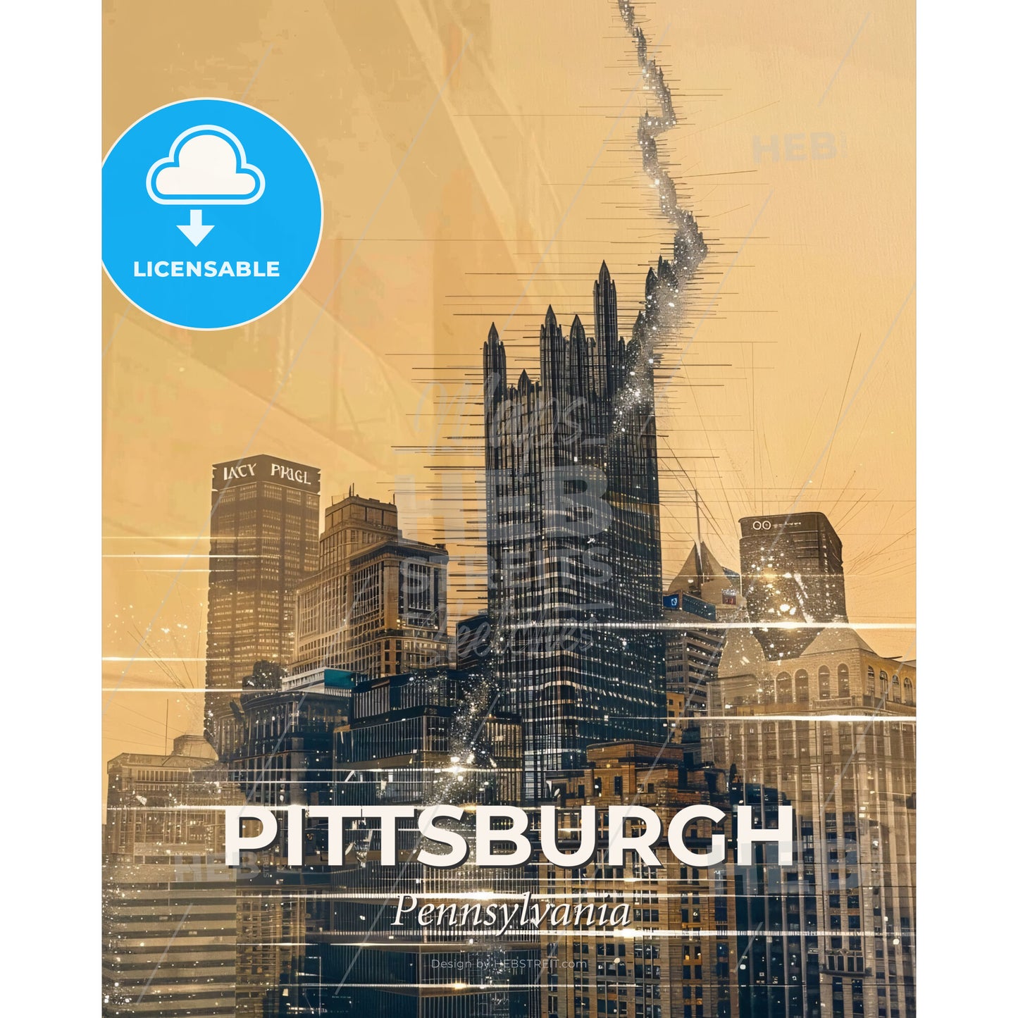 Pittsburgh City Skyline Art Deco Double Exposure - A city skyline with a broken window - Square format print template