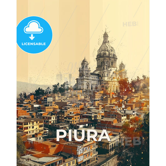 Piura, Peru: City Skyline Double Exposure Art - A city with a large building - Square format print template