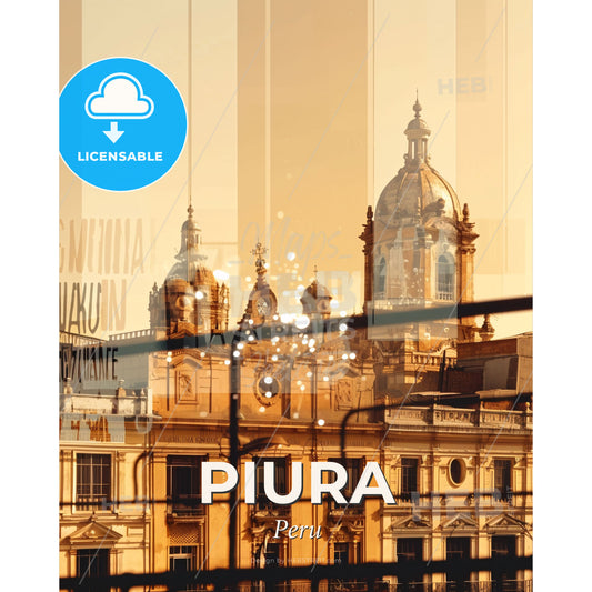 Piura City Skyline Double Exposure Poster Art - A building with a dome on top - Square format print template