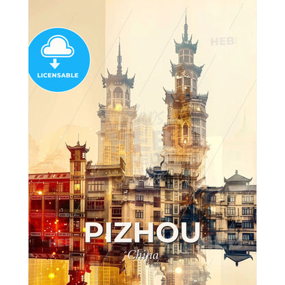 Pizhou Skyline Art: Local Icons in Harmony - A city with many tall buildings - Square format print template