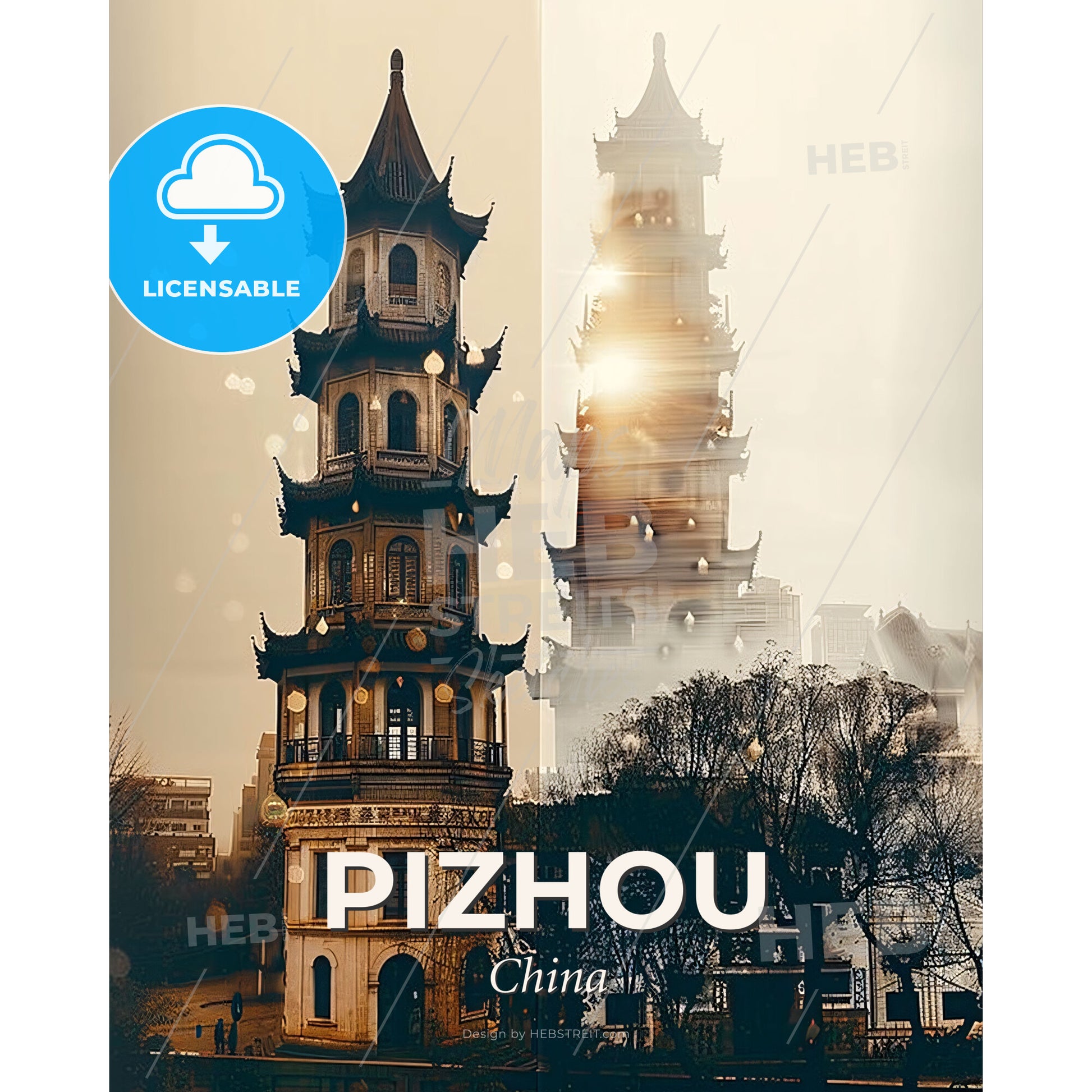 Pizhou Skyline Art: Local Icons in Beige and Sparkle - A tall building with a tower in the background - Square format print template