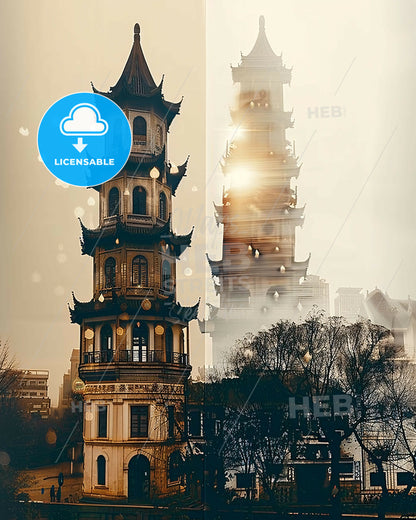 Pizhou Skyline Art: Local Icons in Beige and Sparkle - A tall building with a tower in the background