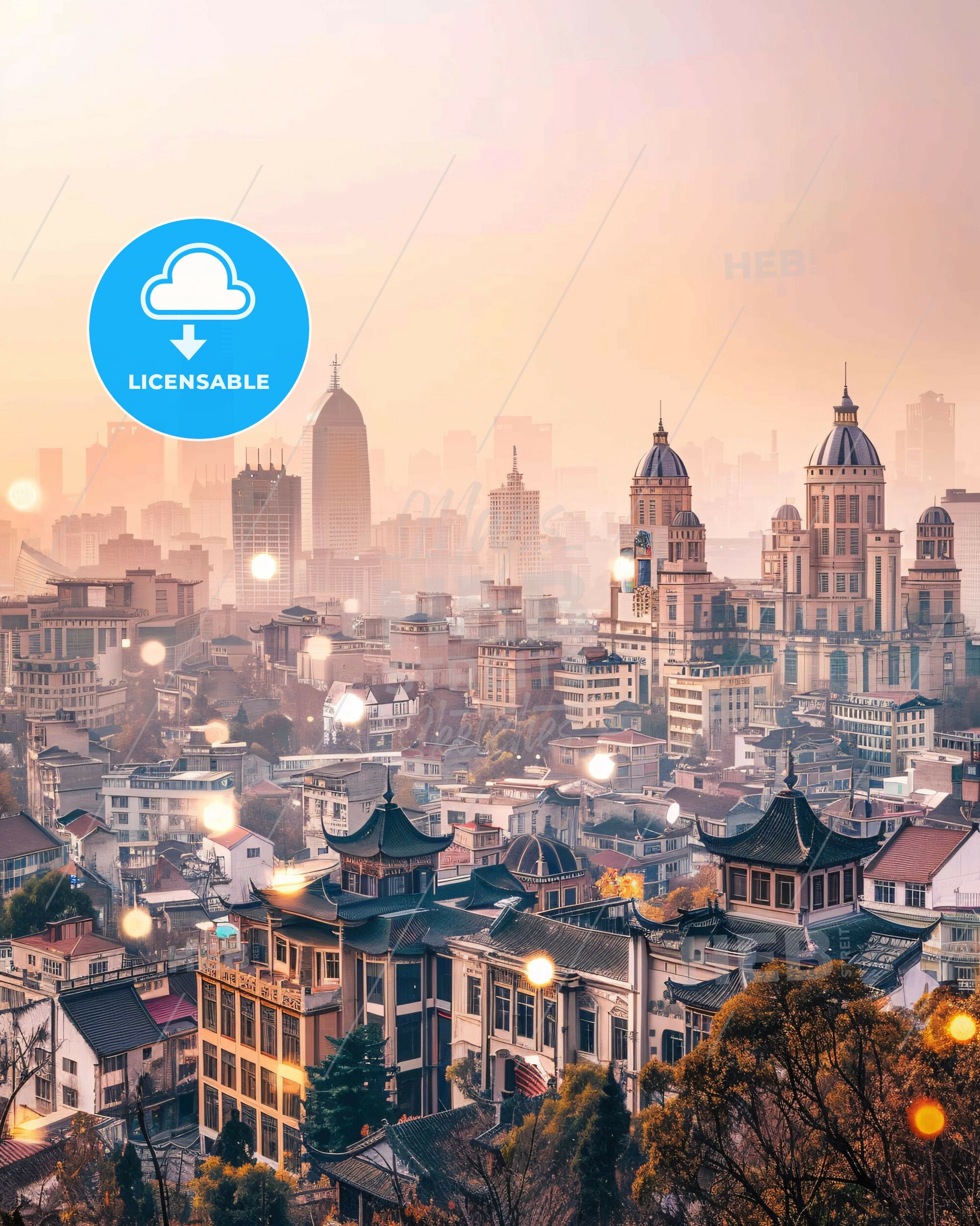 Pizhou Skyline Double Exposure Composite Art - A city with many buildings