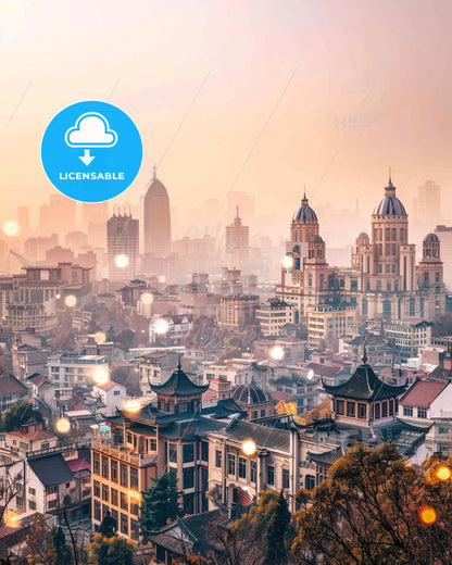 Pizhou Skyline Double Exposure Composite Art - A city with many buildings