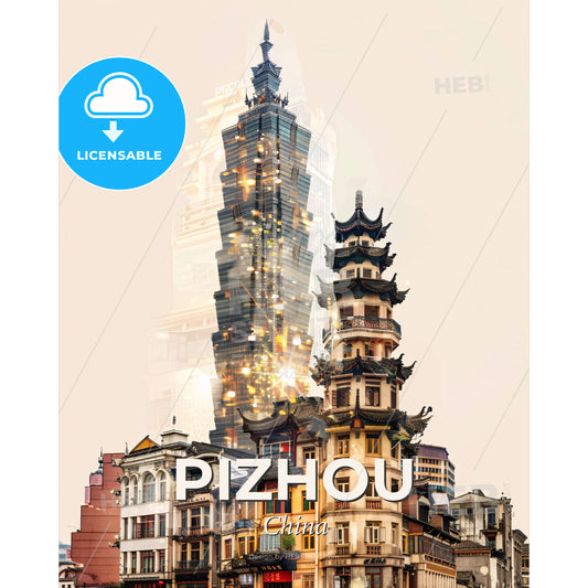 Pizhou Skyline Double Exposure Composite Art - A city with tall buildings - Square format print template