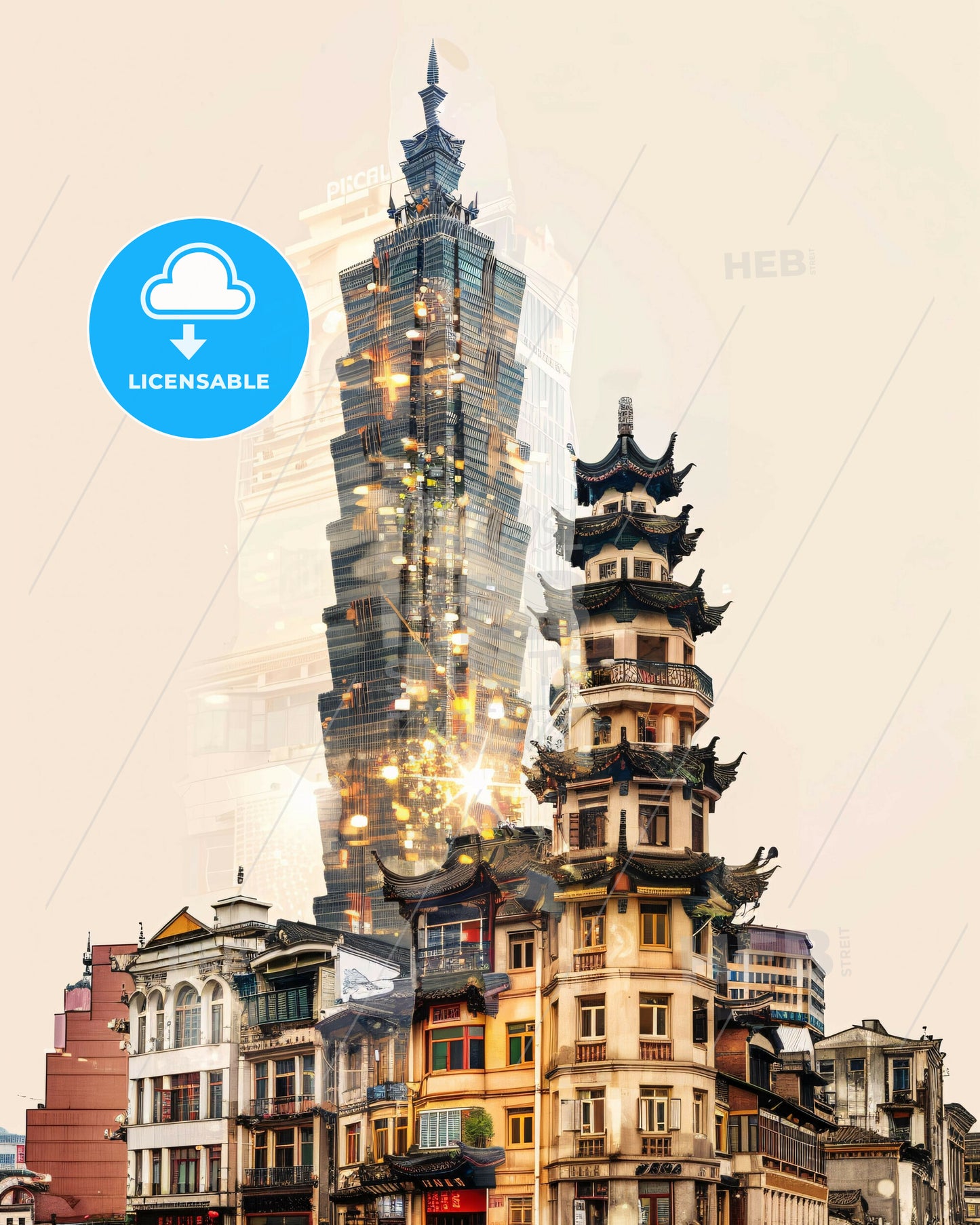Pizhou Skyline Double Exposure Composite Art - A city with tall buildings
