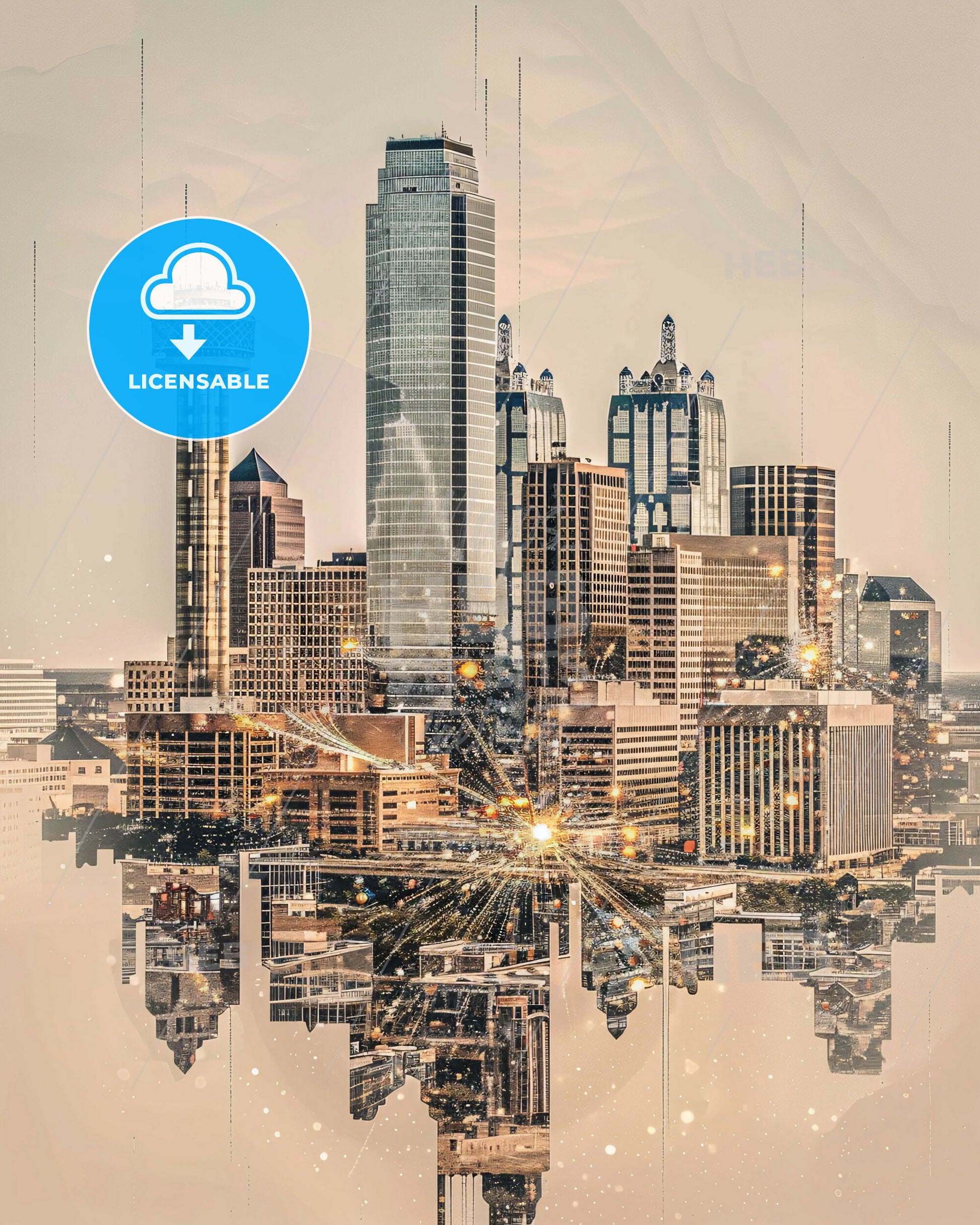 Plano Skyline Double Exposure Art Poster - A city skyline with many tall buildings