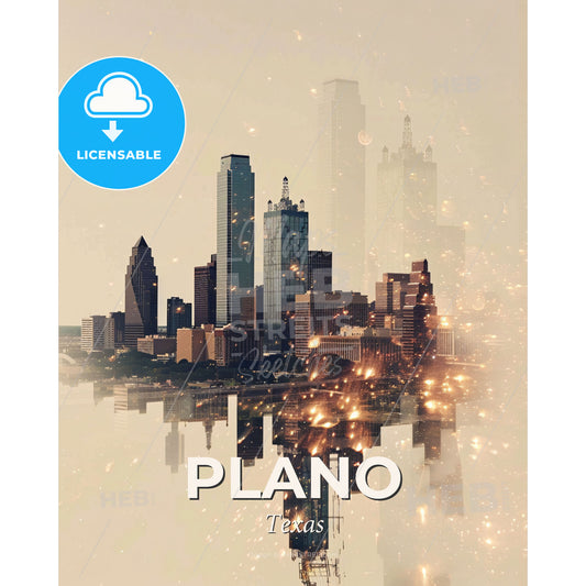 Plano Skyline Double Exposure Art Poster - A city with many tall buildings and a reflection of the water - Square format print template