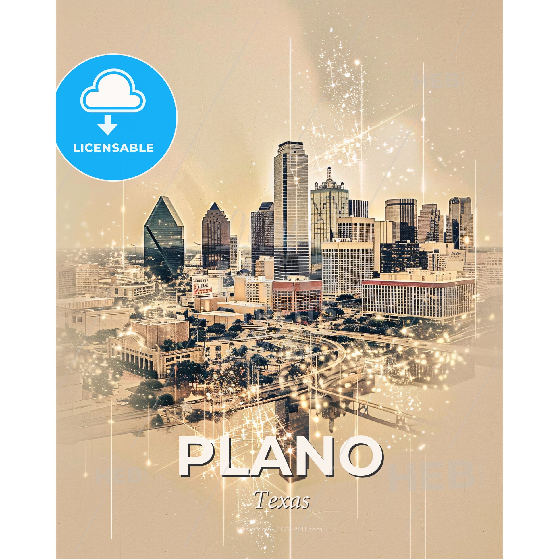 Plano Skyline Composite Art with Local Architecture - A city with many lights - Square format print template
