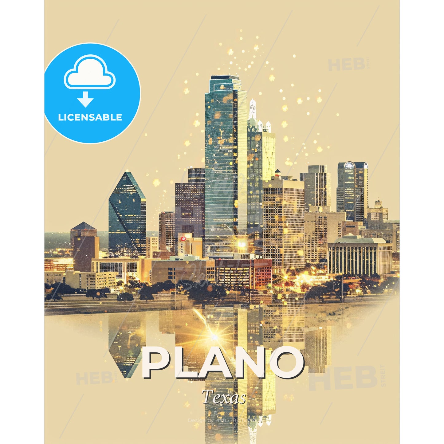 Plano Dreamy Cityscape Composite Poster - A city skyline with lights reflecting on water - Square format print template