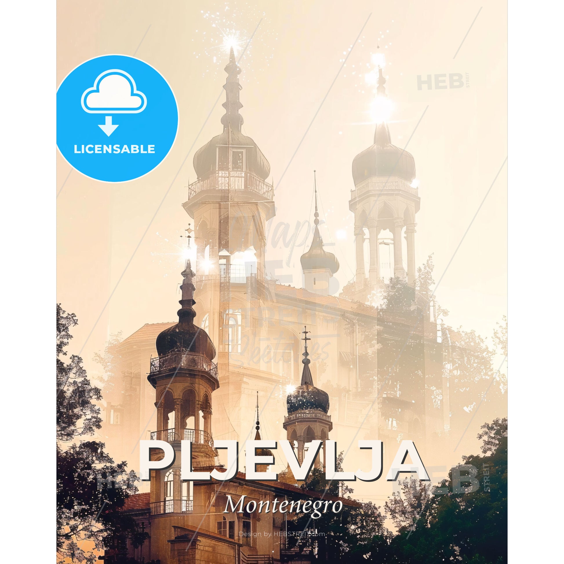 Pljevlja Montenegro Double Exposure Skyline Composite Art - A building with towers and trees - Square format print template