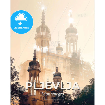 Pljevlja Montenegro Double Exposure Skyline Composite Art - A building with towers and trees - Square format print template