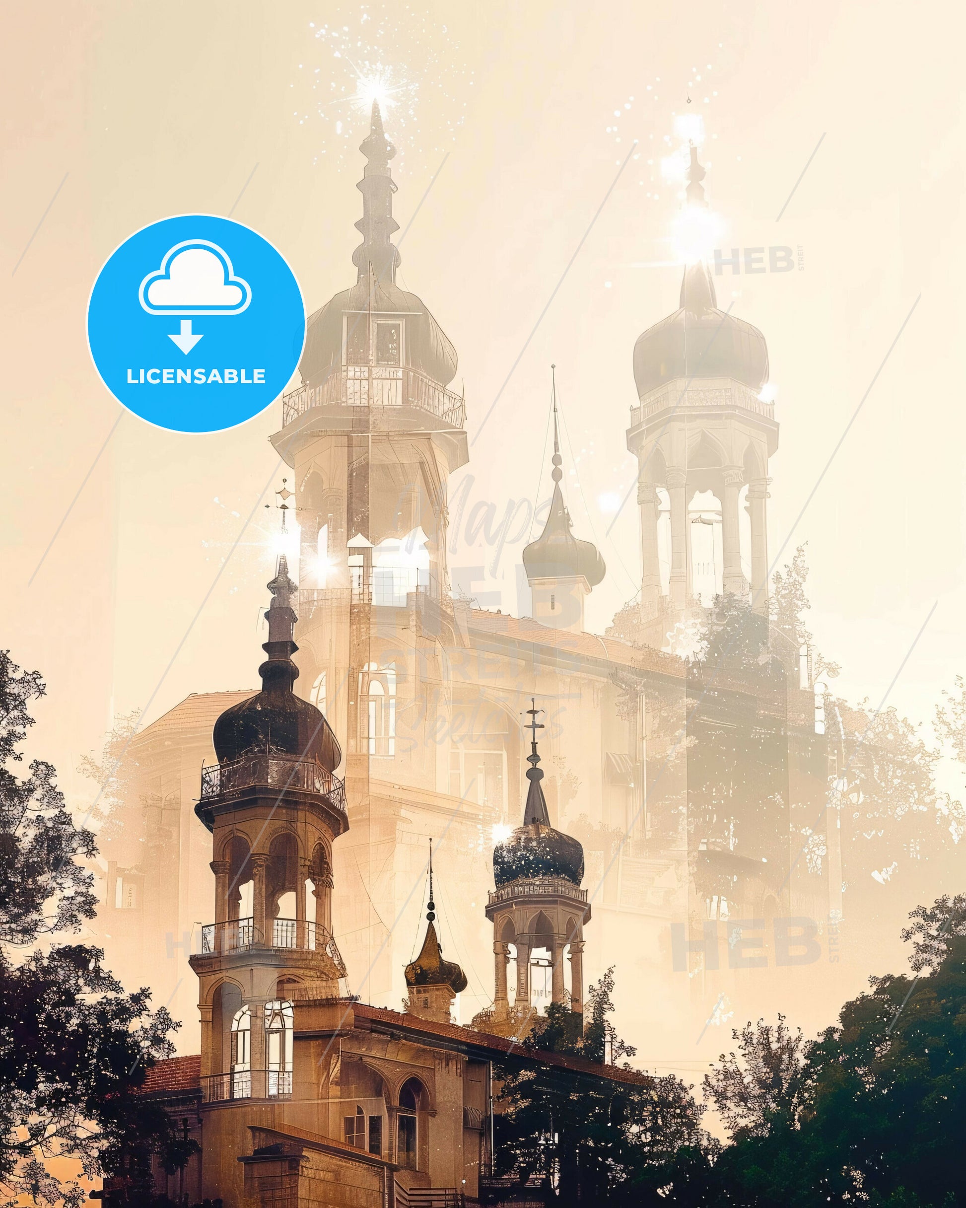 Pljevlja Montenegro Double Exposure Skyline Composite Art - A building with towers and trees