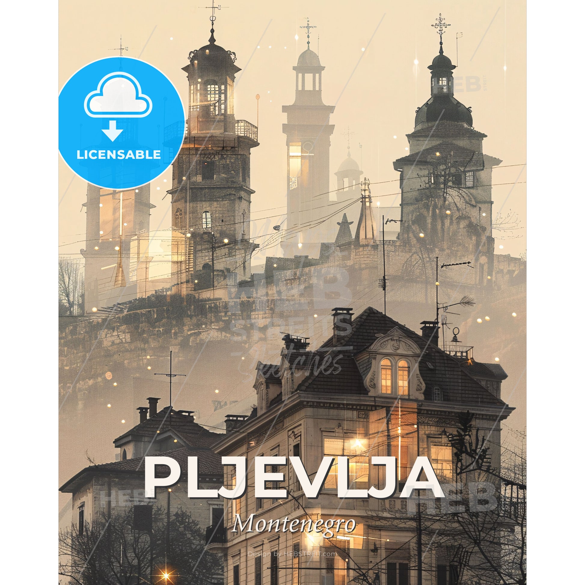 Pljevlja City Panorama with Local Icons Poster - A city with towers and towers - Square format print template